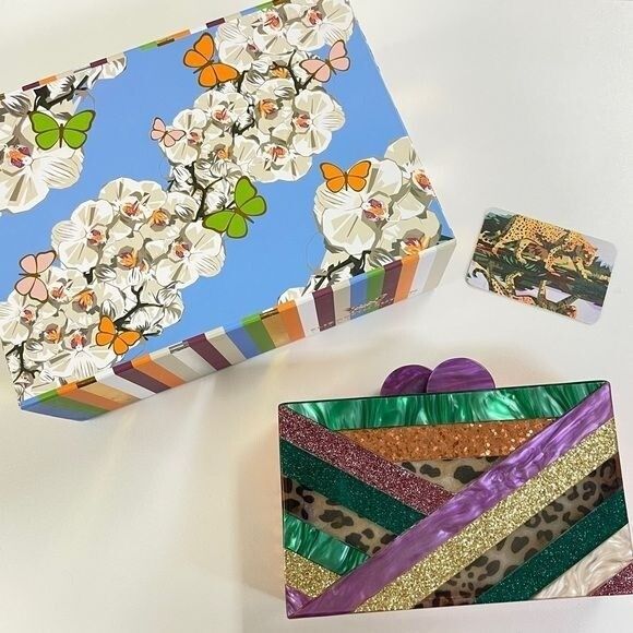 NIB Elizabeth Sutton Collection Cheetah Clutch Acrylic Purse Glitter Multi Color - Picture 5 of 12